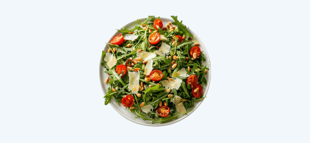 The Original VIVO Salad featuring fresh arugula, cherry tomatoes, and shaved parmesan.