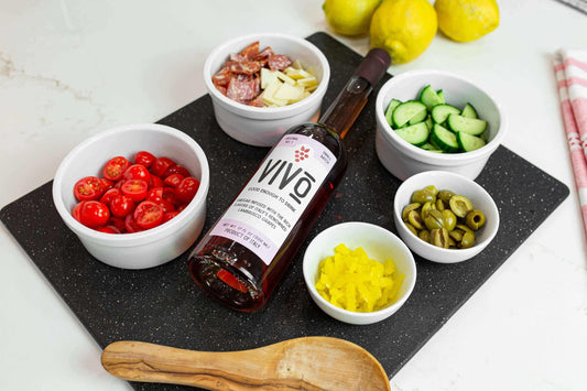 5 Healthy Ways to Use VIVO Vinegar Daily with fresh ingredients and VIVO vinegar on a kitchen counter.