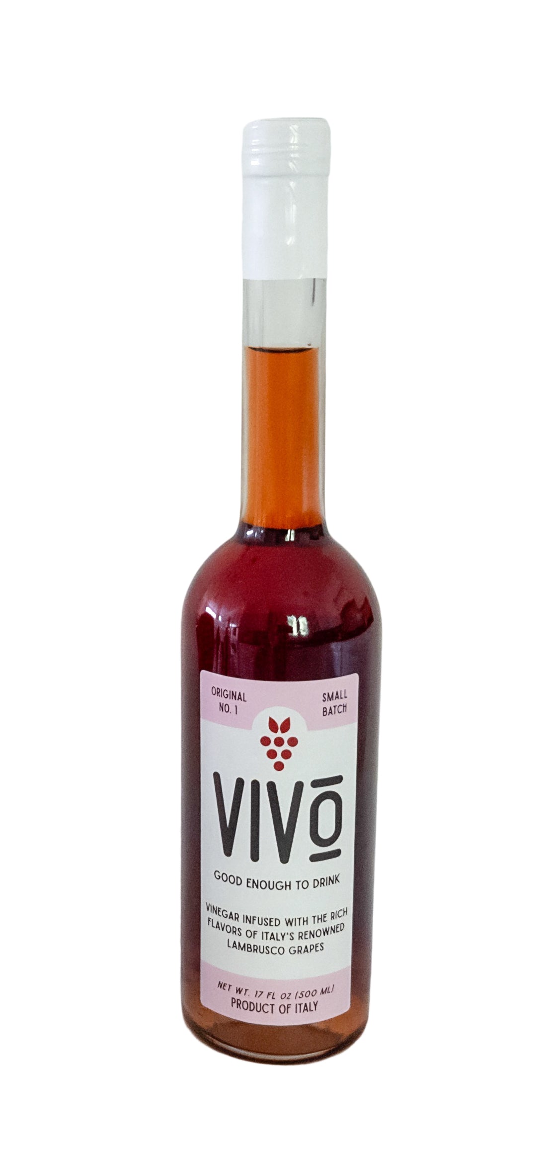 VIVO lambrusco vinegar bottle, crafted in Italy, pure Lambrusco grapes, no sugar, balanced flavor.