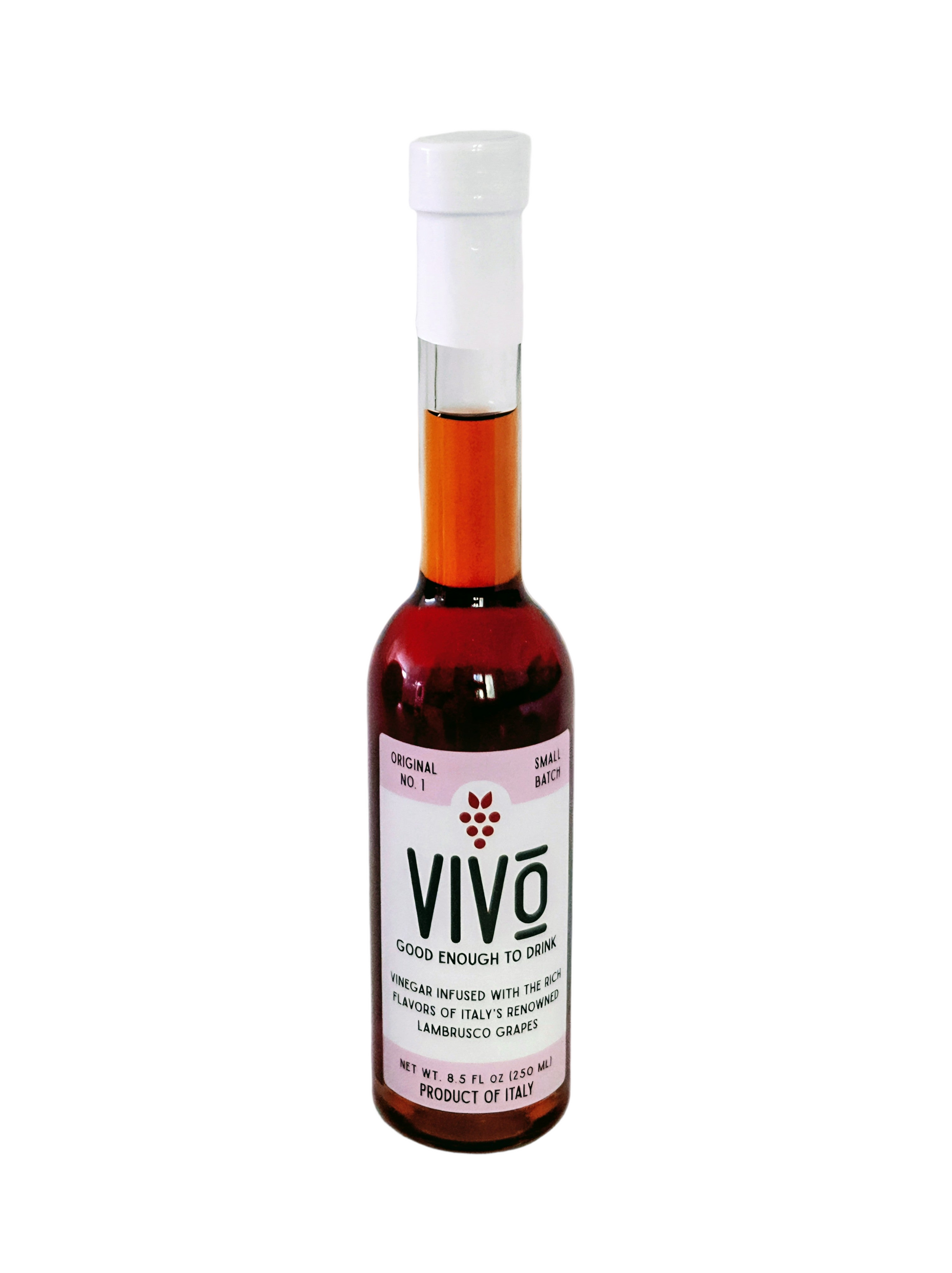 VIVO lambrusco vinegar bottle with bright red liquid, crafted from Lambrusco grapes in Italy.